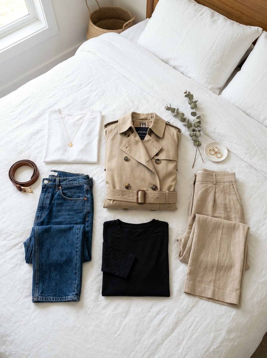 A beige trench coat, blue jeans, and neutral shirts arranged on a white bed sheet.