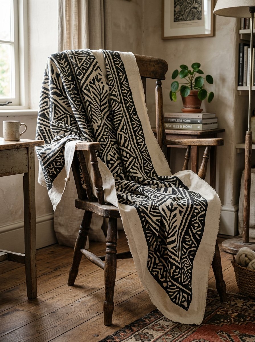 Vintage wooden chair featuring a black and cream patterned fabric throw in a sunlit cozy room.