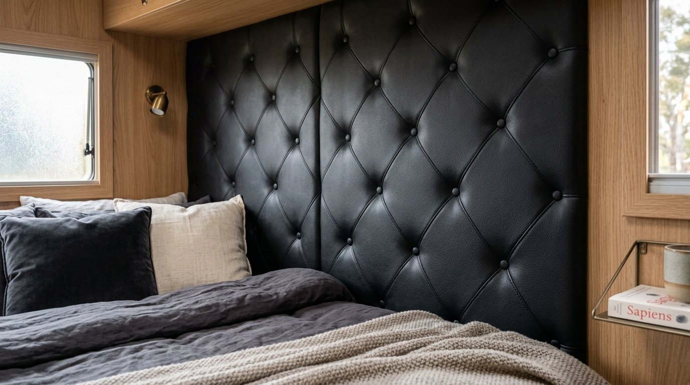 Close up of a button-tufted black leather headboard against light oak wood panels in a bedroom.