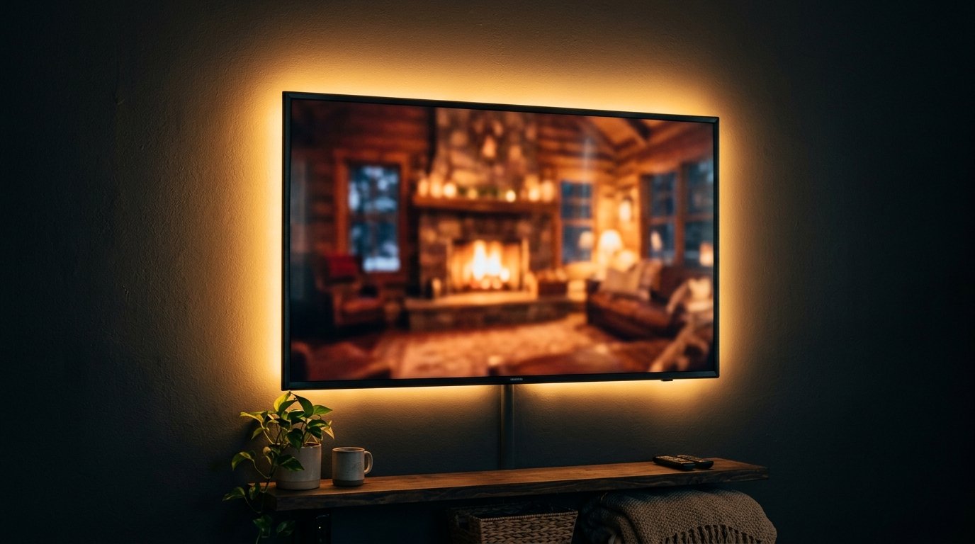 A television screen showing a fireplace display mounted on a dark wall with soft golden LED accent lights.