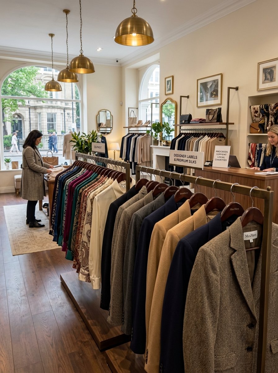 Interior view of a designer clothing store featuring racks of wool blazers and silk blouses.