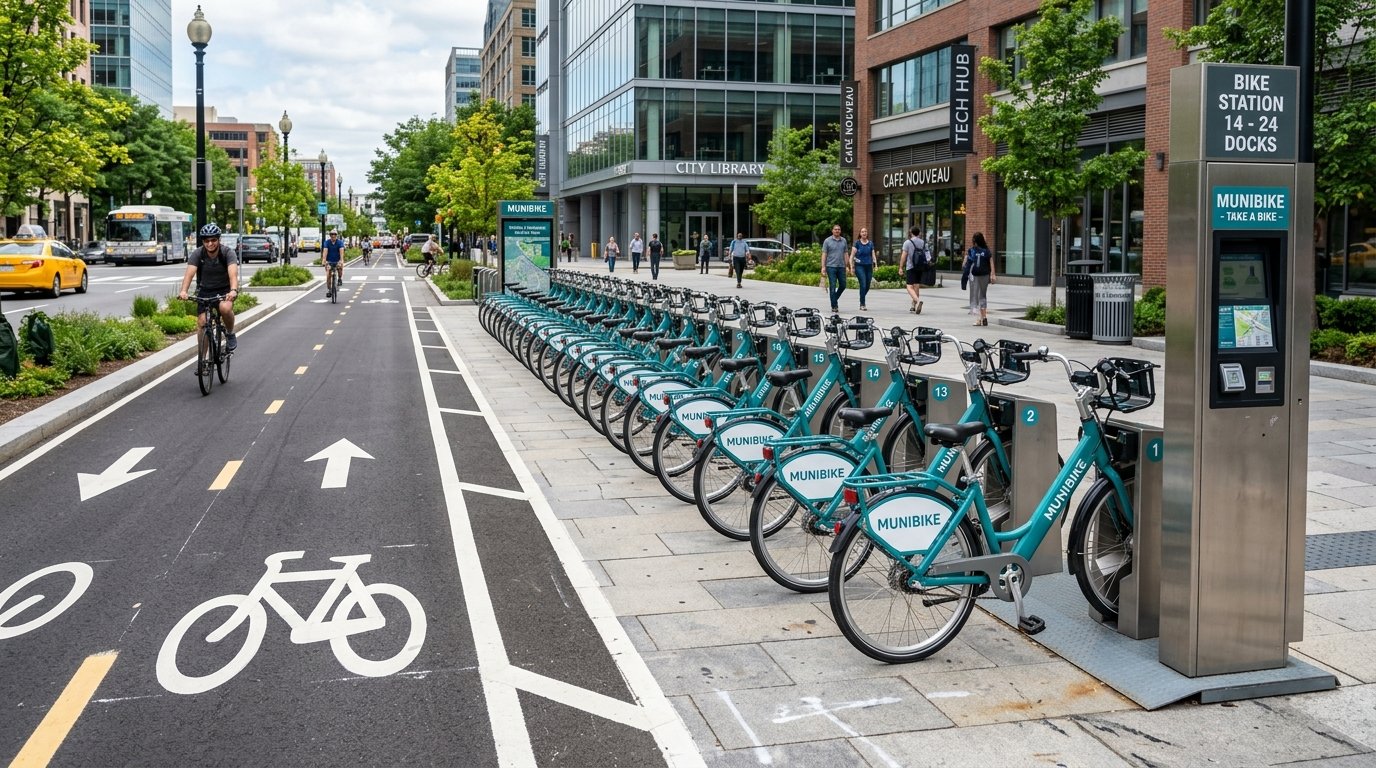 Public bicycle sharing station with teal bikes docked next to a city bike lane with commuters.