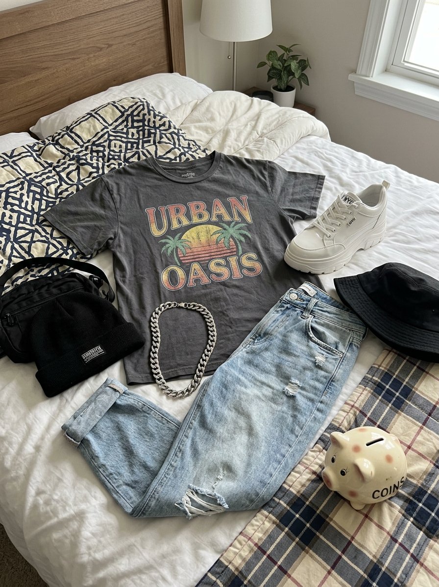 A grey graphic tee, distressed jeans, white sneakers, a chain necklace, and hats arranged on a white bedspread.