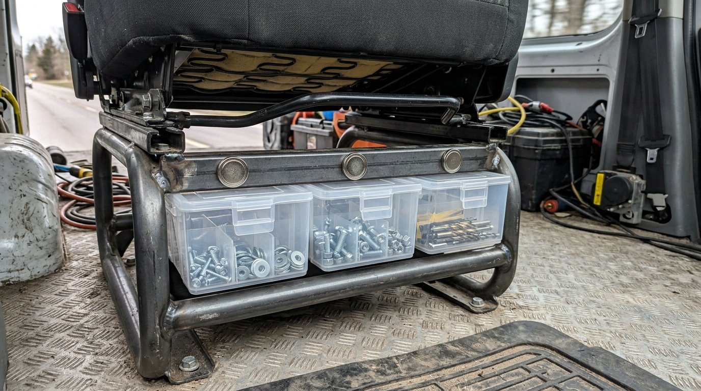 Three stacked plastic containers filled with screws and bolts sitting beneath a vehicle passenger seat frame.