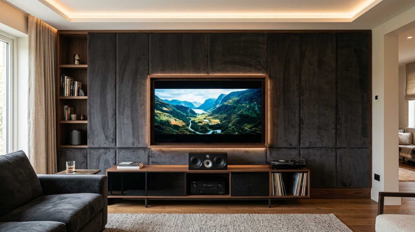 A flat screen TV displays a mountain landscape on a dark, plush upholstered media wall with wooden shelving.