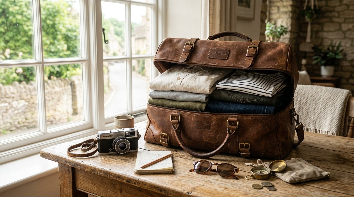 A rustic leather duffel bag packed with shirts on a wooden table with a vintage camera and compass.