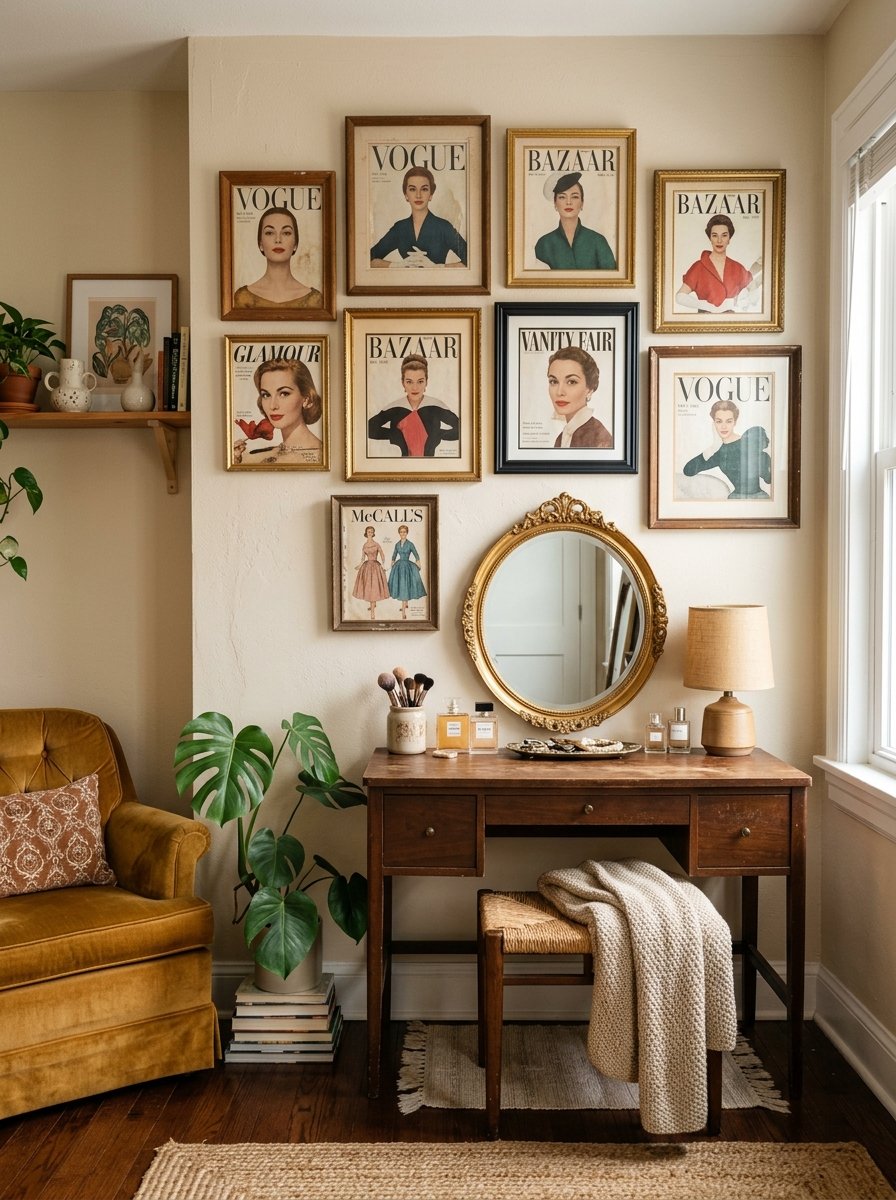 A wooden vanity table topped with a gold mirror and perfume bottles sits beneath a gallery wall of framed vintage magazines.