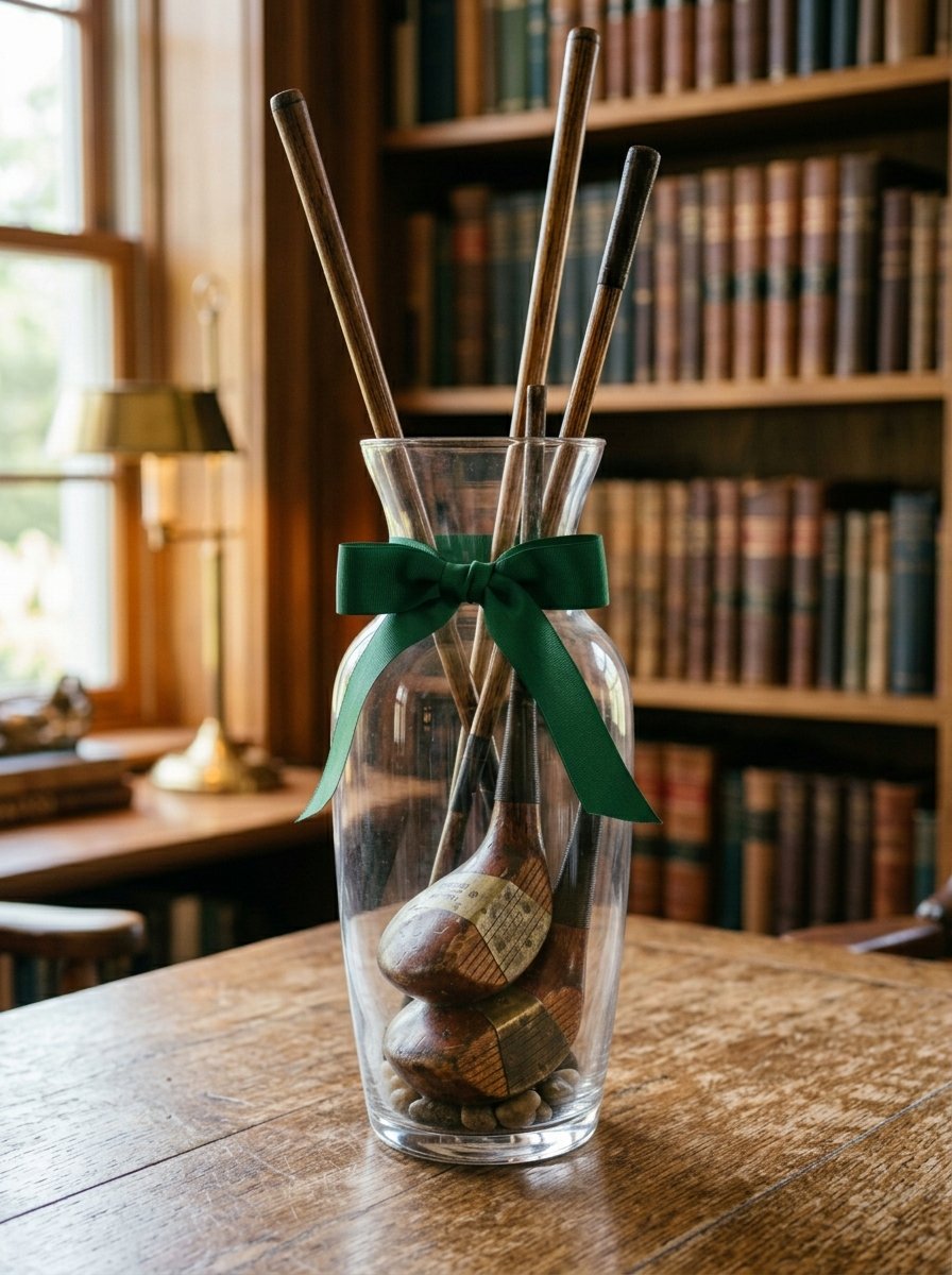 Old wooden golf club heads inside a clear vase tied with a dark green ribbon on a library desk.