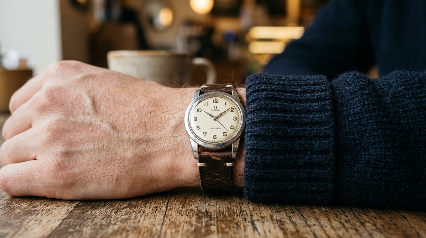 Close up of a wrist wearing a stainless steel Omega Seamaster watch with a distressed brown leather band.