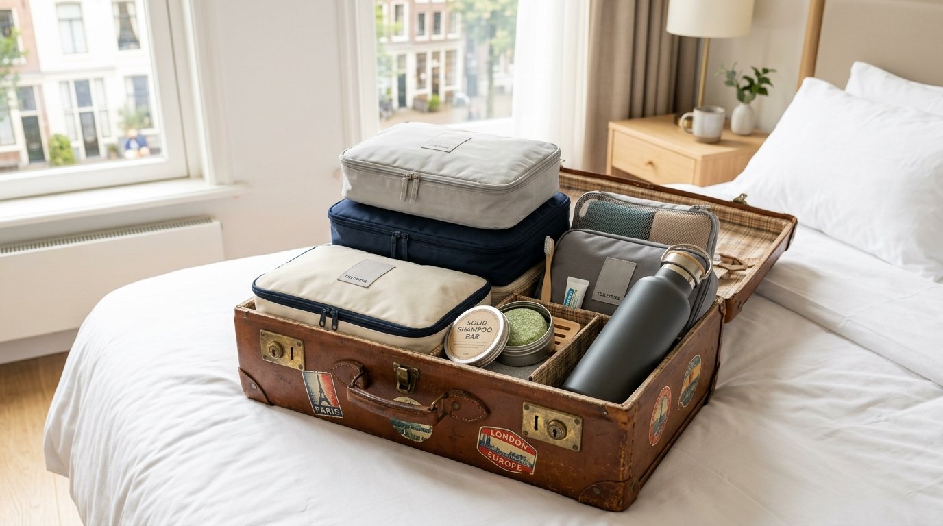 Open antique luggage on a bed containing stacked clothing cubes, a metal water bottle, and solid shampoo bar.