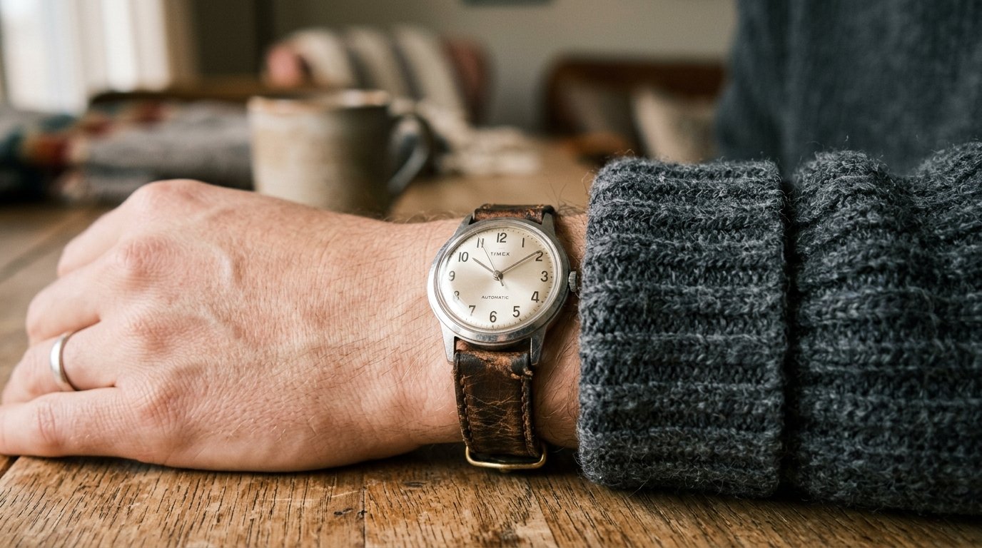 Close up of a man's wrist featuring a classic Timex automatic watch with a worn brown leather band.