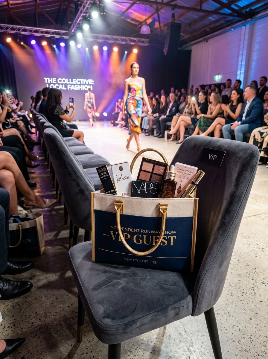 A branded gift bag filled with premium cosmetics sitting on a velvet VIP chair at a local fashion show event.