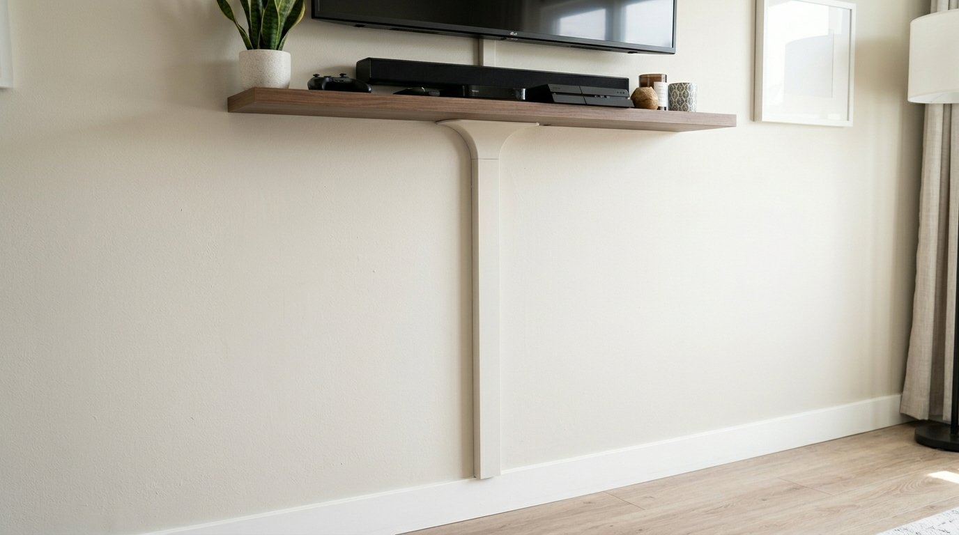 A sleek wood shelf mounted under a television with a white plastic cord cover running down the wall.