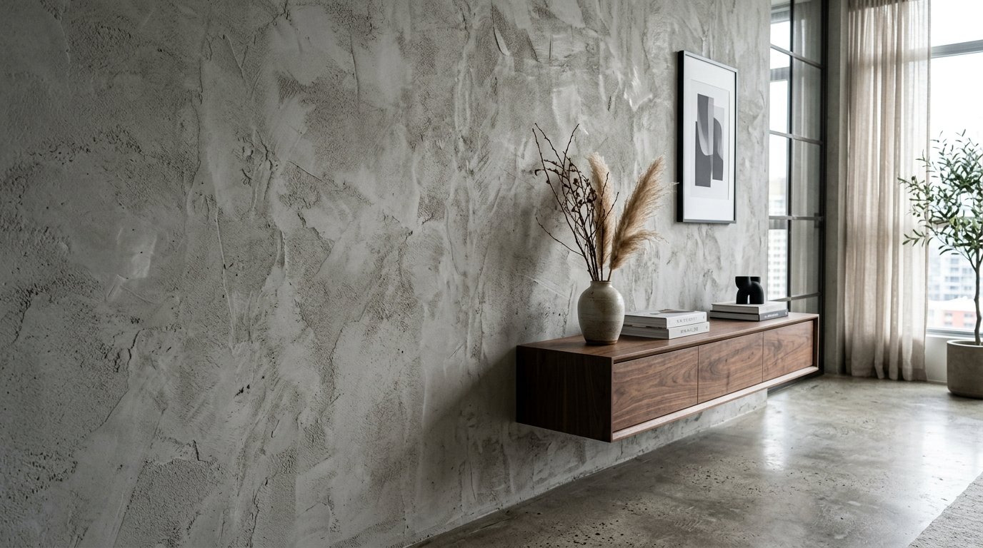 A wooden floating media console with decorative pampas grass sits against a rugged, grey troweled concrete wall.