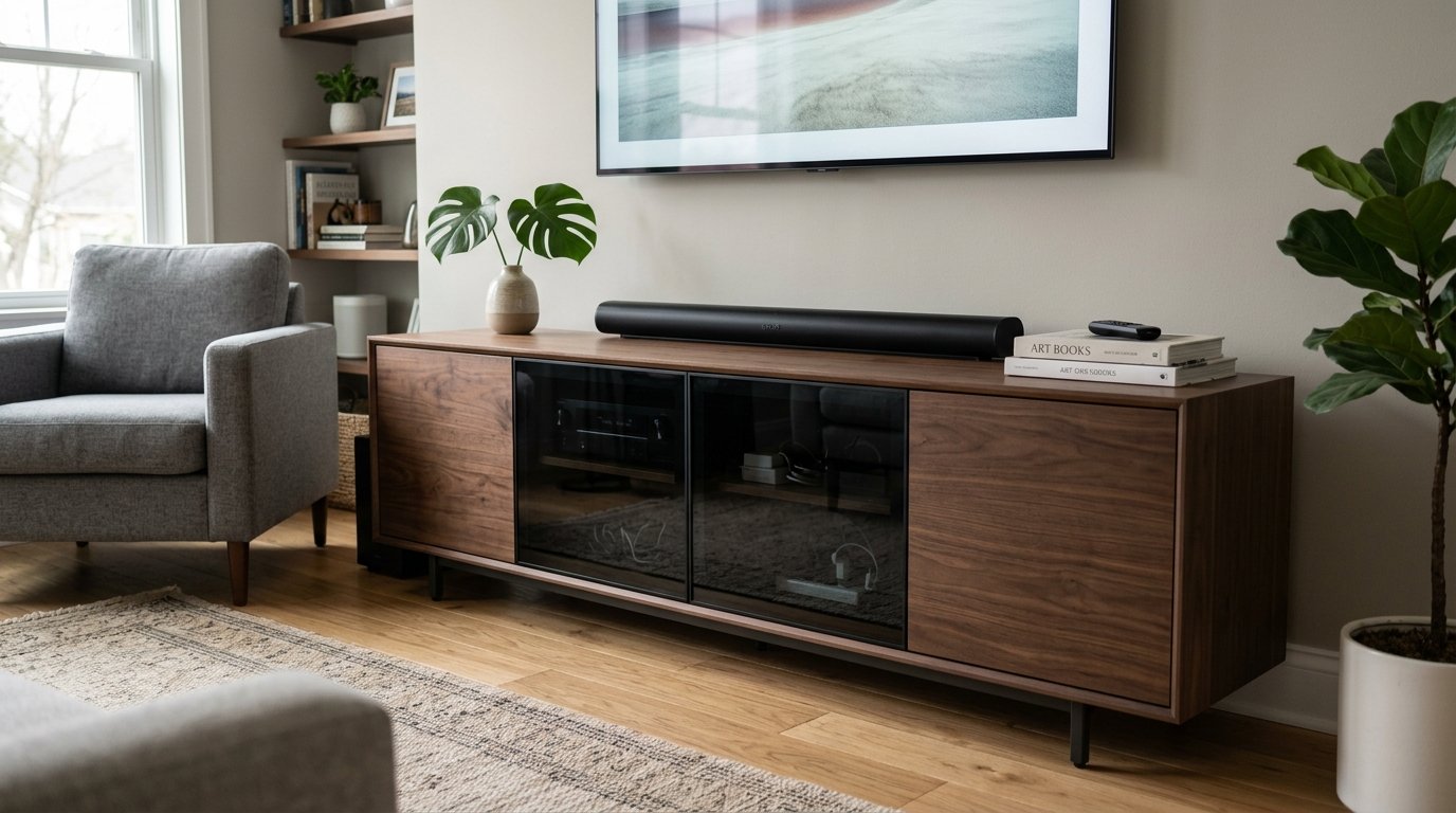 A wooden media console sits under a wall-mounted TV, featuring a soundbar, indoor plants, and stacked books.