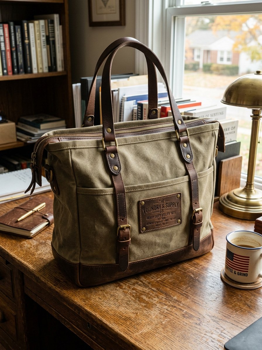 Tan canvas and brown leather utility tote sits on a desk next to a coffee mug and bookshelf.