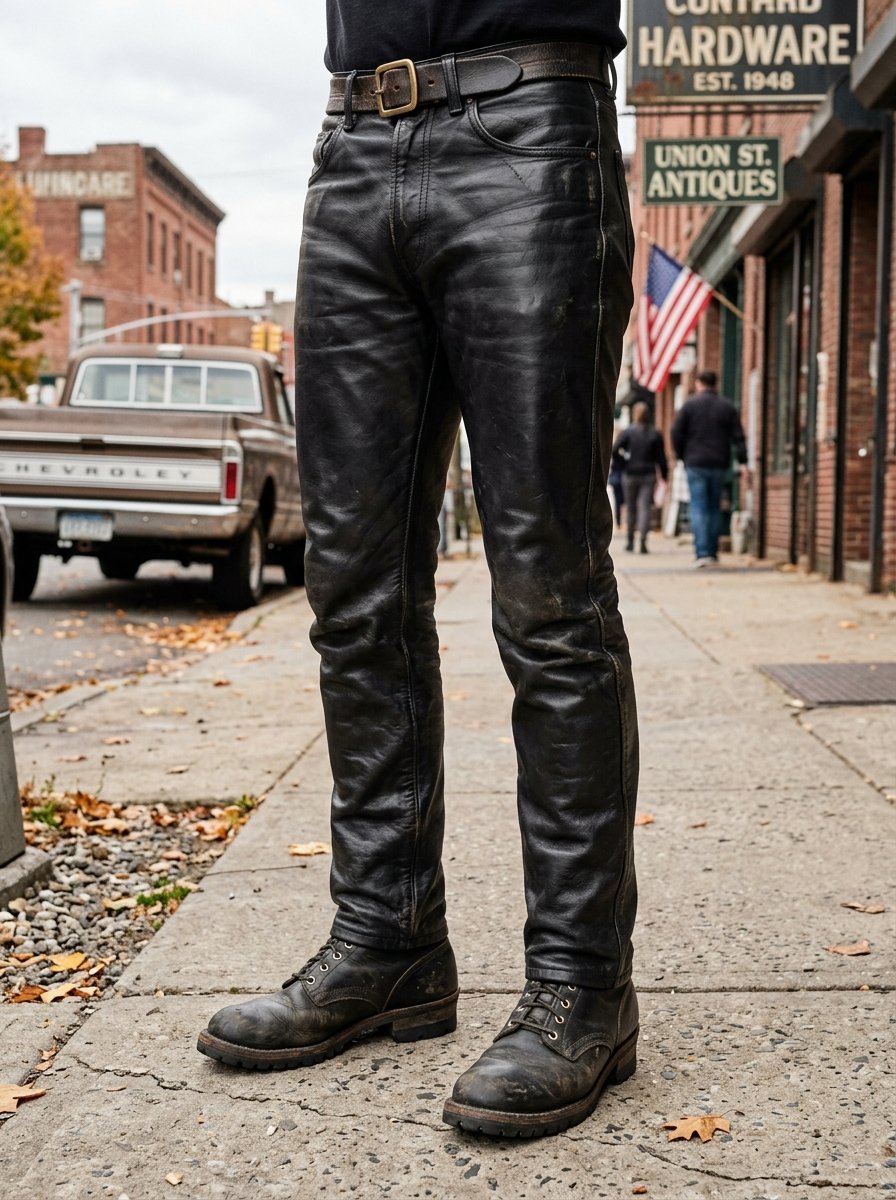 Close-up view of a person wearing worn-in black leather pants and heavy-duty leather boots on a sidewalk.