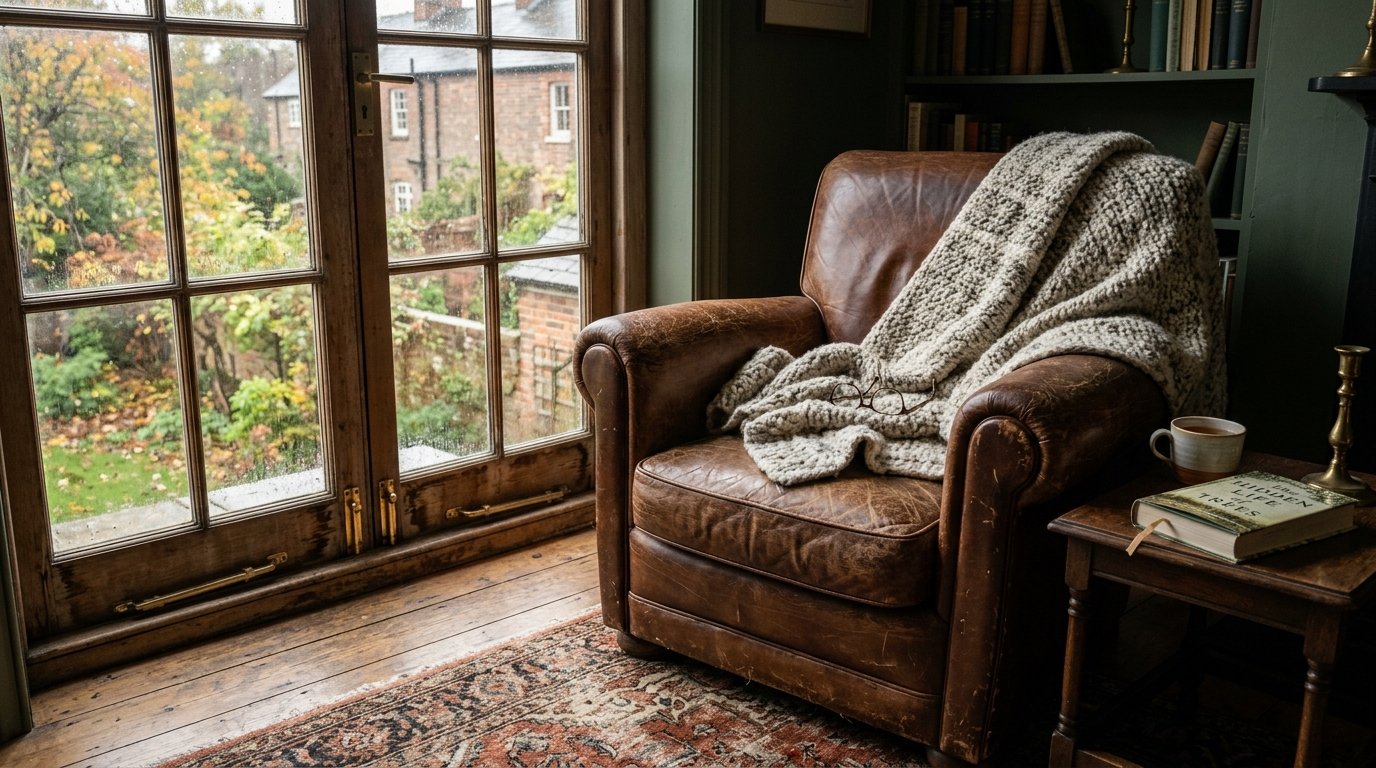 Distressed brown leather armchair with a chunky knit blanket, glasses, and a book on a side table near a rainy window.