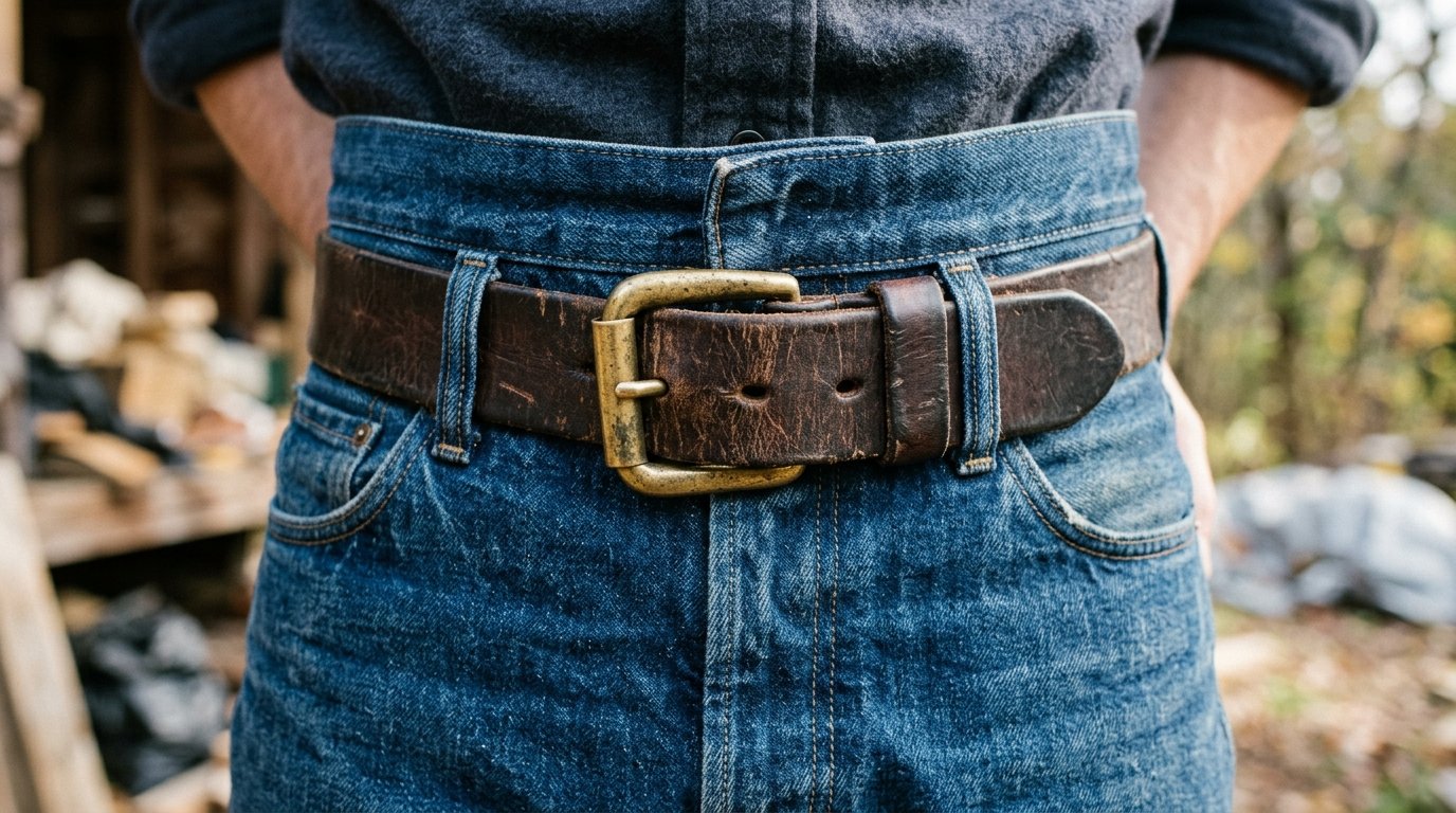 Distressed brown leather belt with a brass buckle fastened around high-waisted blue jeans.