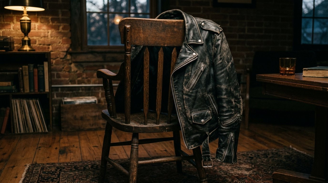 Distressed black leather jacket hanging on an old-fashioned chair in a dimly lit study with brick walls.