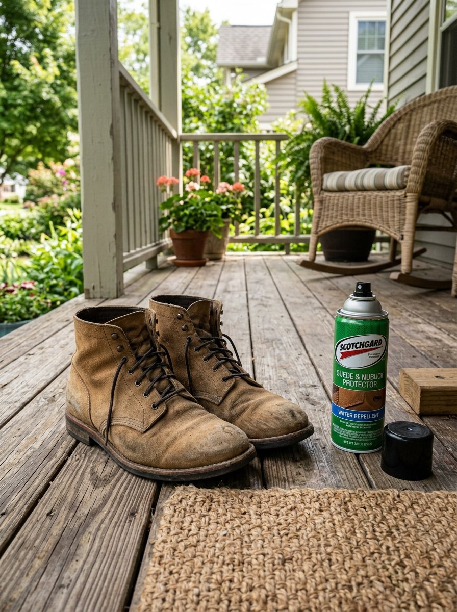 Tan leather boots sit on a porch deck next to a can of Scotchgard suede and nubuck water repellent spray.