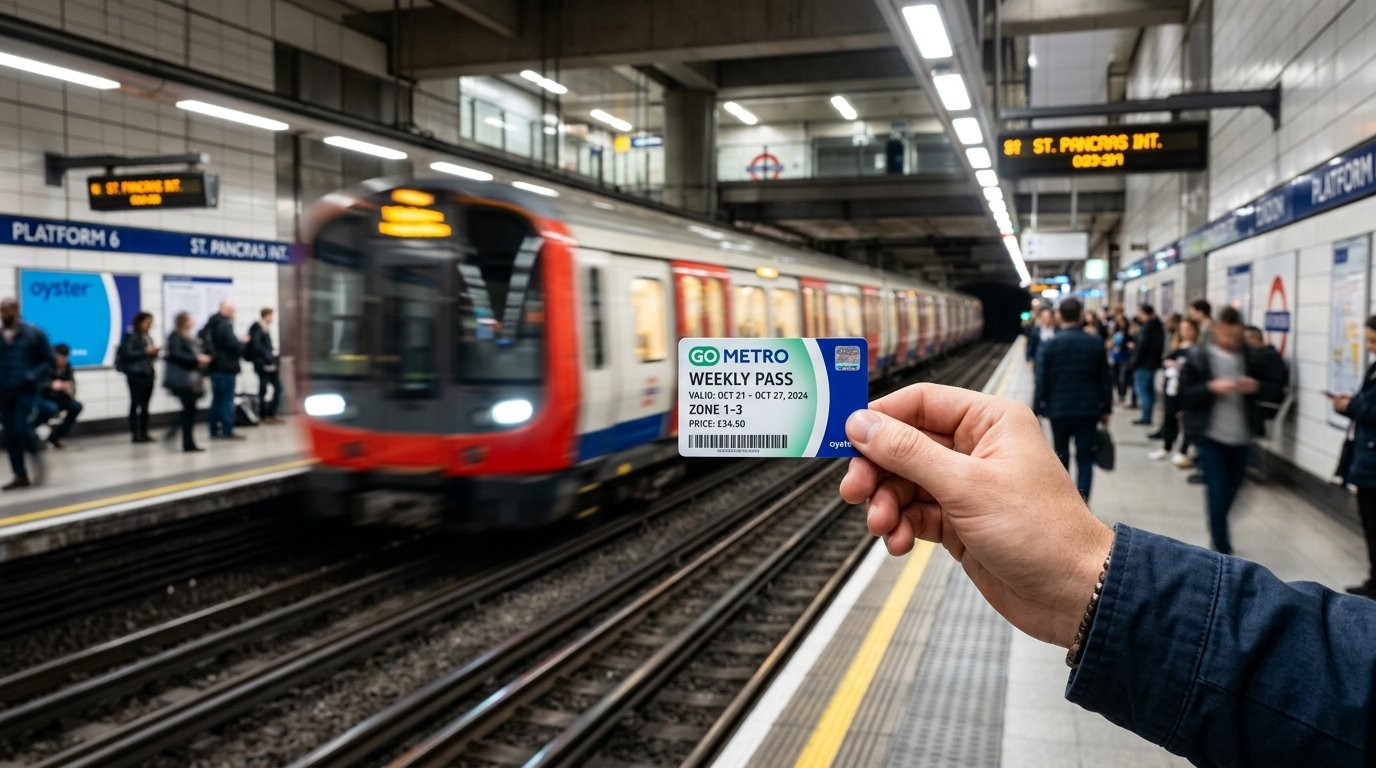 A person holding a transit card in front of a blurred train arriving at a London Underground platform.