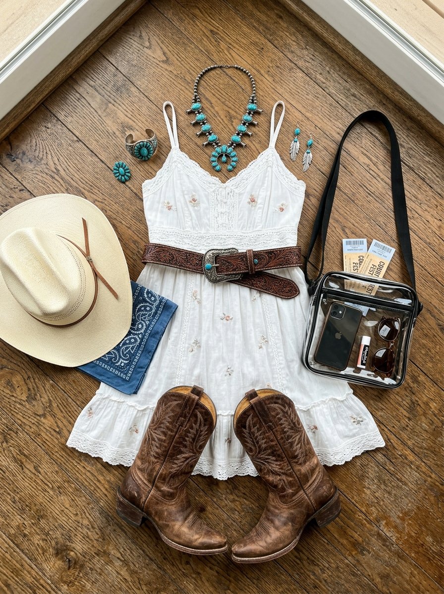 Flat lay of a white floral dress, turquoise jewelry, cowboy boots, straw hat, and a clear stadium bag.
