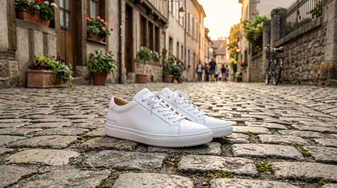 A pair of pristine white leather lace-up sneakers resting on an ancient uneven cobblestone road in a small town.