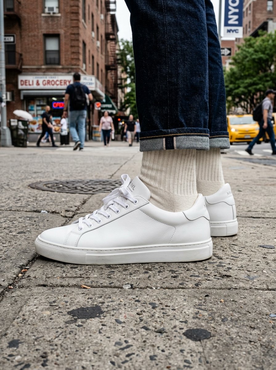 Person wearing clean white tennis shoes and cuffed denim jeans while standing on a concrete urban street.