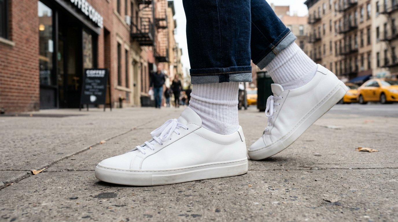 Close-up of a person walking on a city street wearing white low-top sneakers, white crew socks, and rolled-up dark denim.