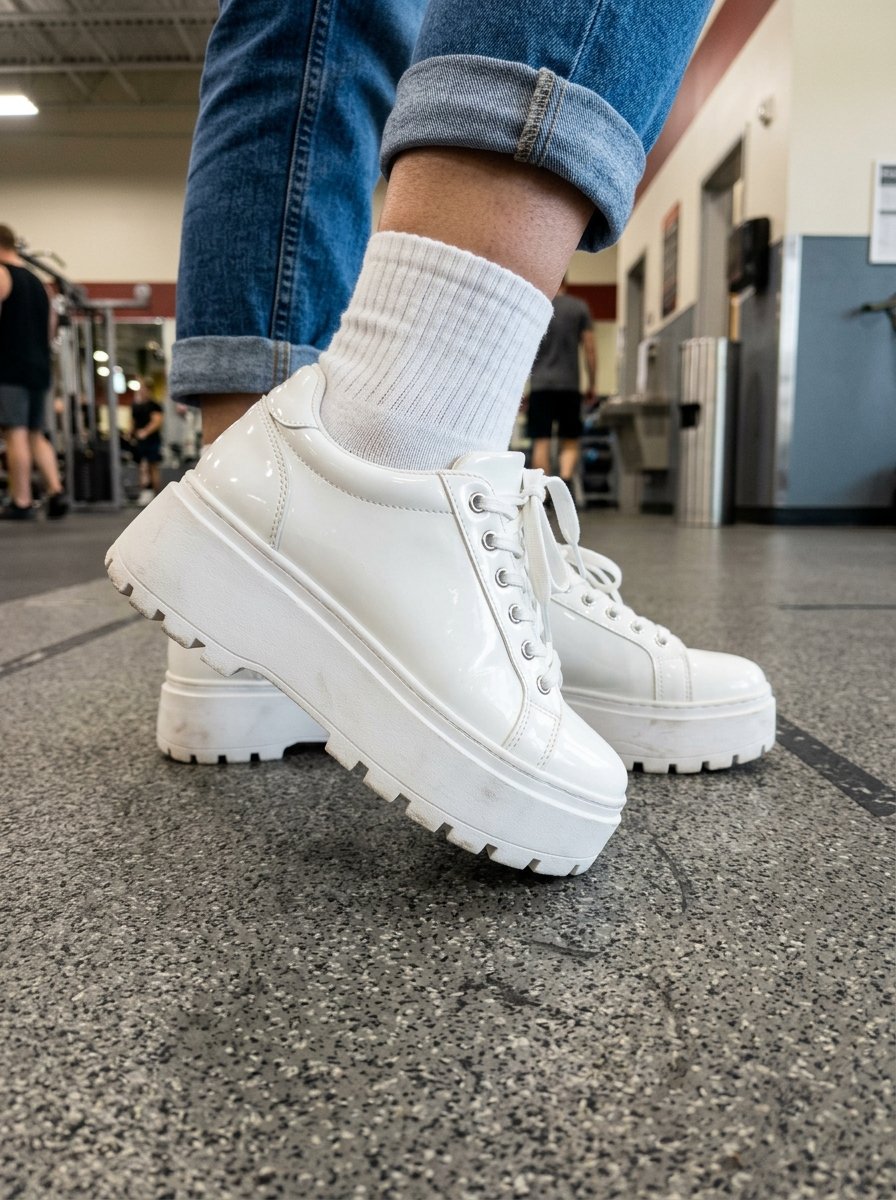 Close up of feet in chunky white platform trainers and white crew socks standing in a fitness center.