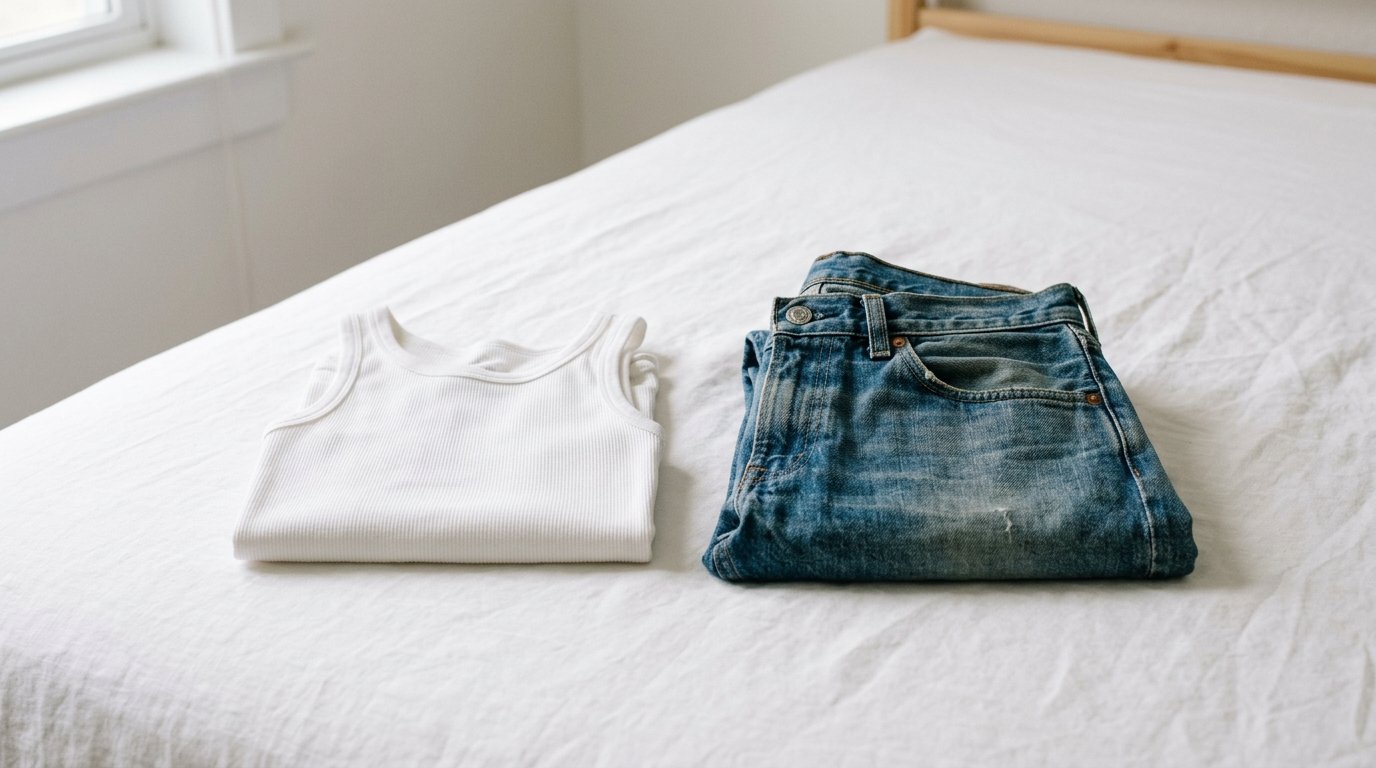 A ribbed white tank top next to a pair of folded blue denim jeans resting on a white bed sheet.