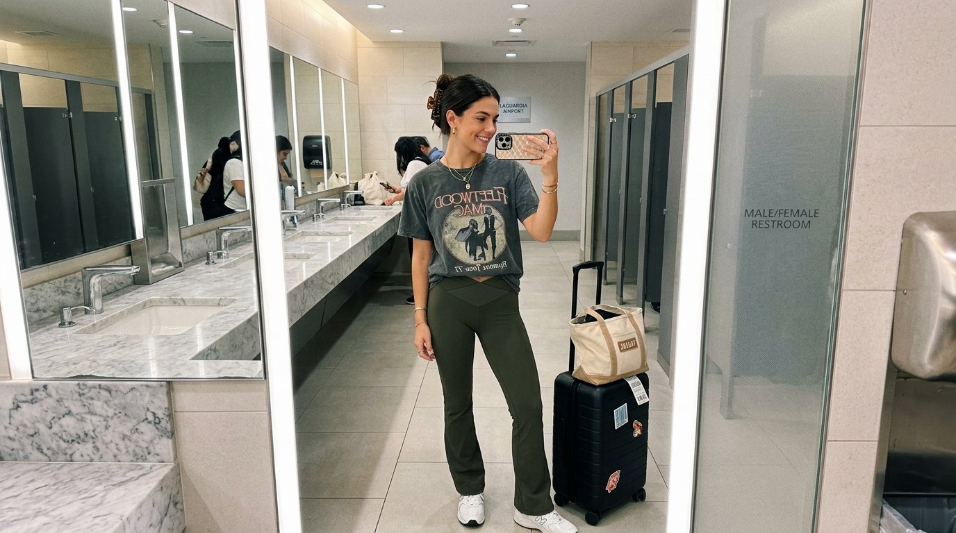 A woman wearing a Fleetwood Mac t-shirt and olive leggings takes a mirror selfie with her suitcase in an airport restroom.