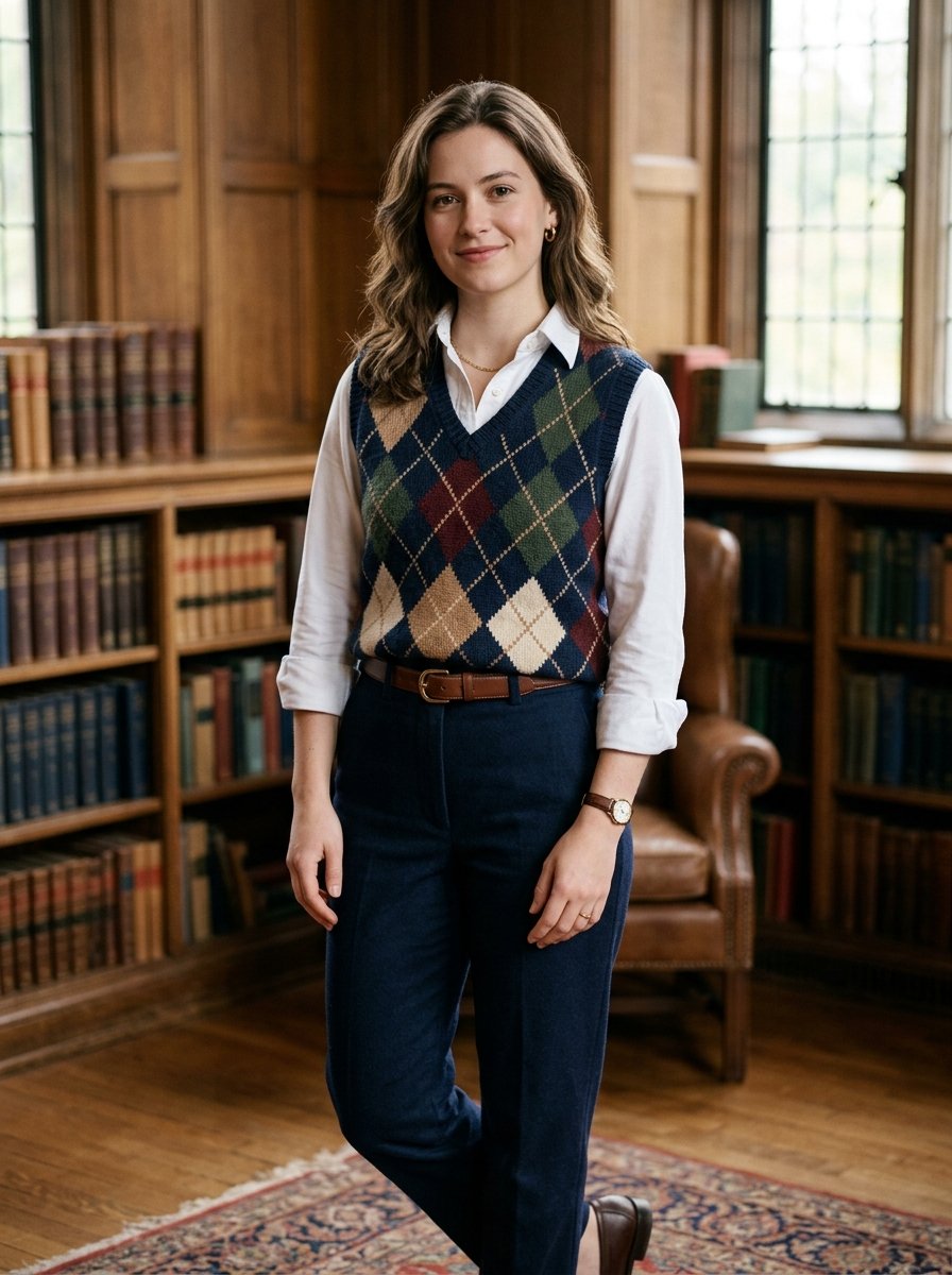 Portrait of a woman standing in a wood-paneled library wearing a patterned knit vest and dark trousers.