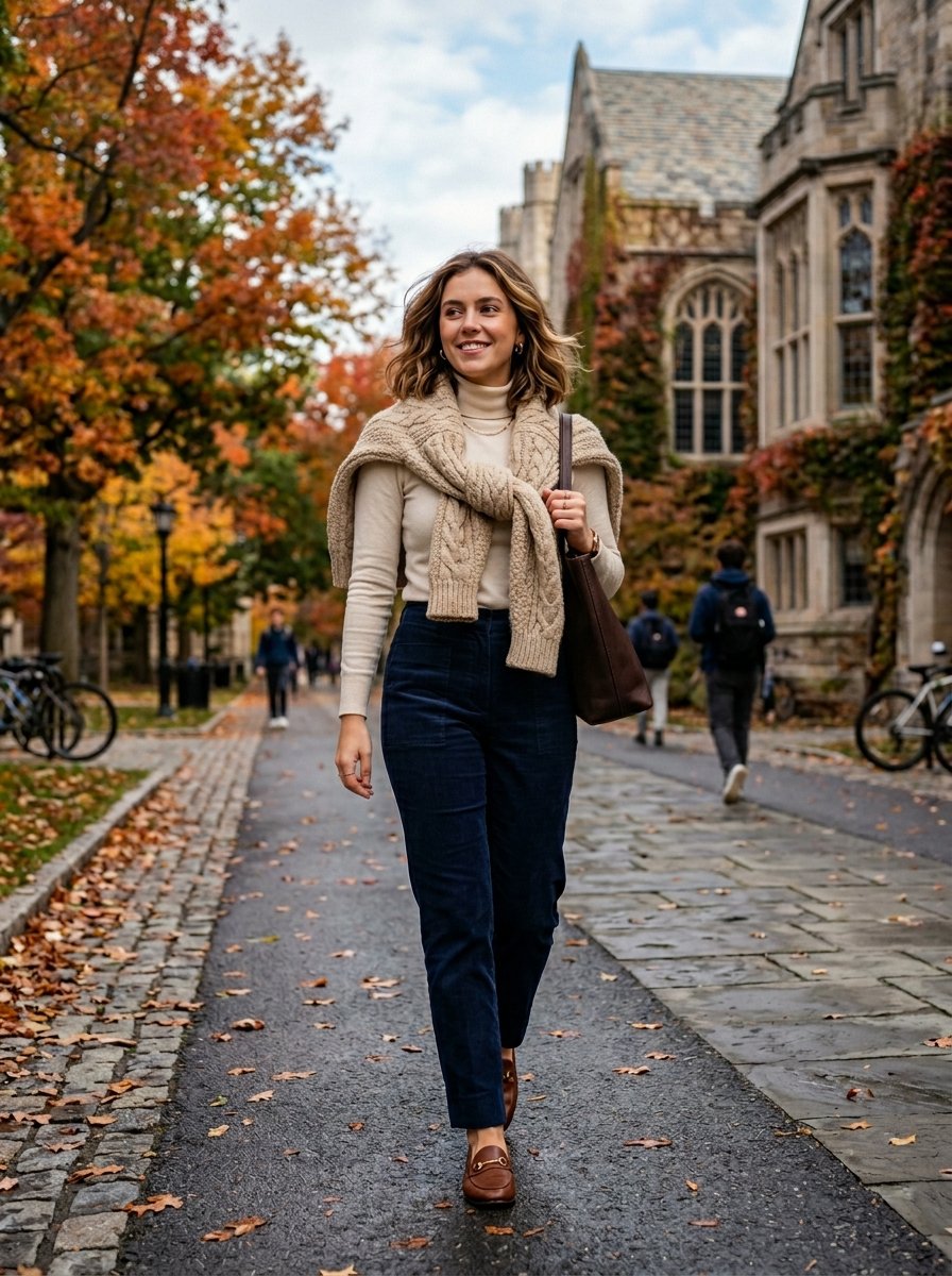 Young woman wearing a cream turtleneck and cable knit sweater over her shoulders walks on a stone campus walkway.