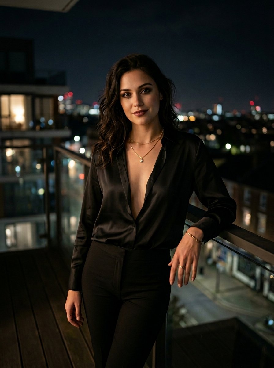 A brunette woman wearing a black satin button-down shirt leaning against a glass balcony railing with city lights behind her.