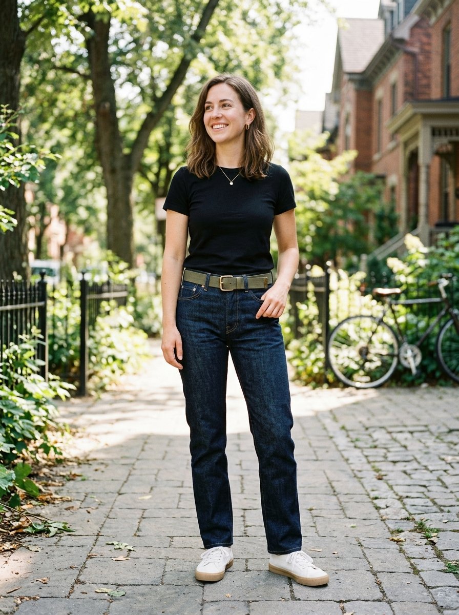 Young woman in a black t-shirt and dark denim jeans standing on a city sidewalk with a bicycle in the background.