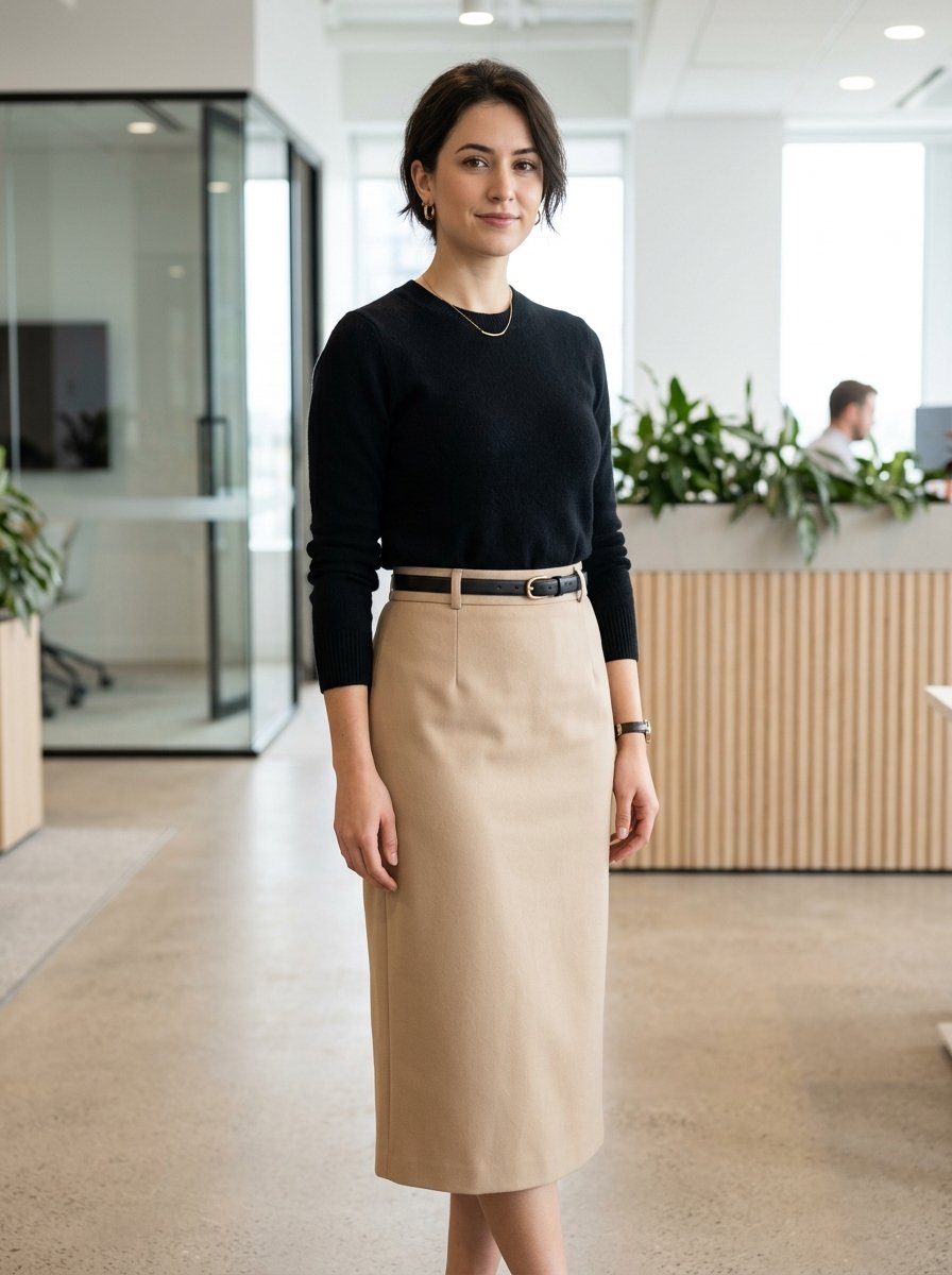 Portrait of a woman in a black crew neck sweater and beige midi skirt standing in a modern office.