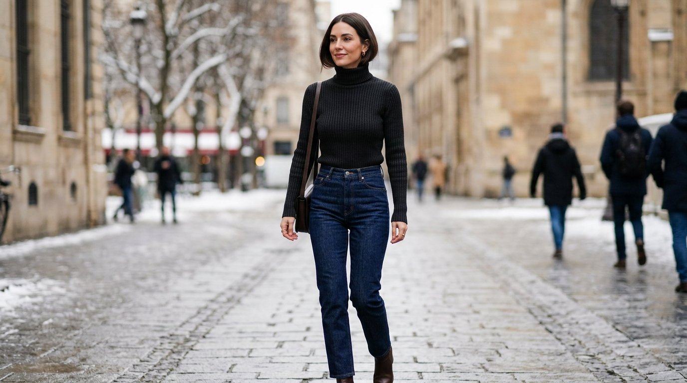 A woman with short dark hair wearing a ribbed black turtleneck and dark blue jeans walking outdoors.