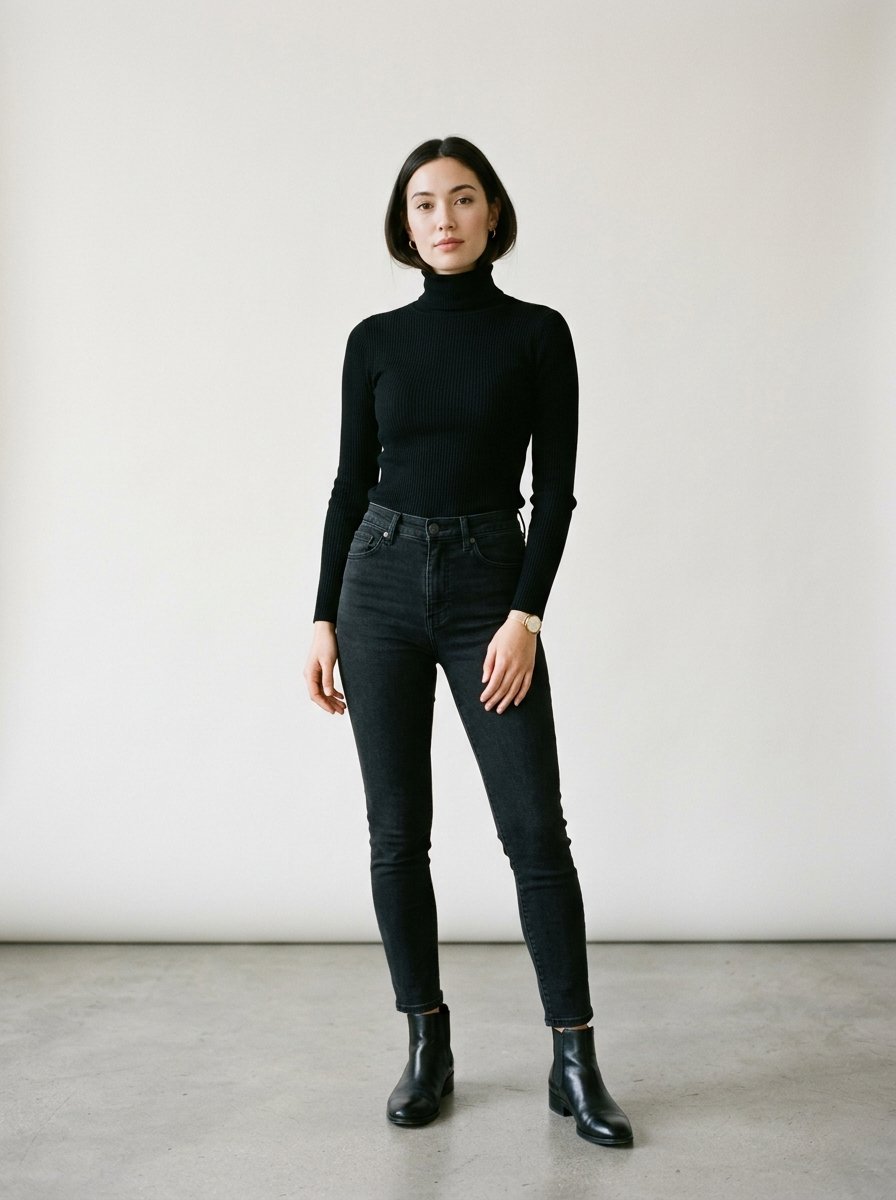 A woman stands in a studio wearing a fitted black turtleneck sweater, dark denim jeans, and black leather boots.