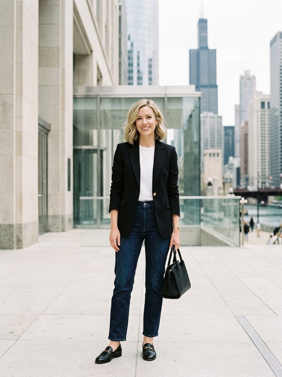 Blonde woman in a blazer, white top, and dark jeans standing on a city sidewalk in front of Chicago skyscrapers.