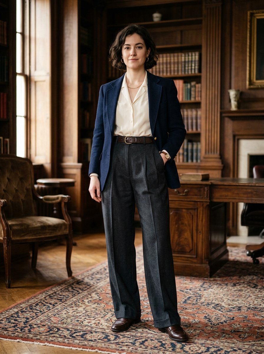 A woman with short hair wearing a navy blazer and grey trousers stands in a wood-paneled library.