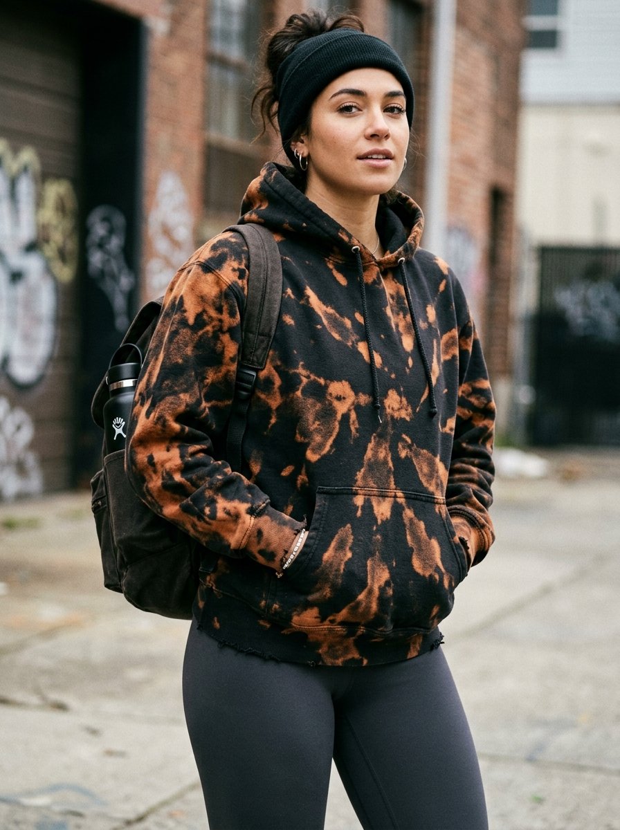 A woman with a beanie and backpack stands in an alleyway wearing a distressed tie-dye sweatshirt.