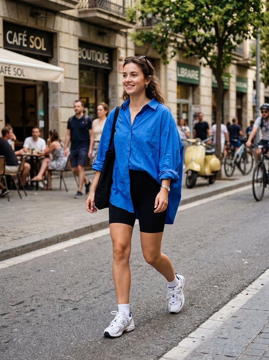 Smiling woman wearing an oversized blue shirt, black biker shorts, and white sneakers walking on a city street.
