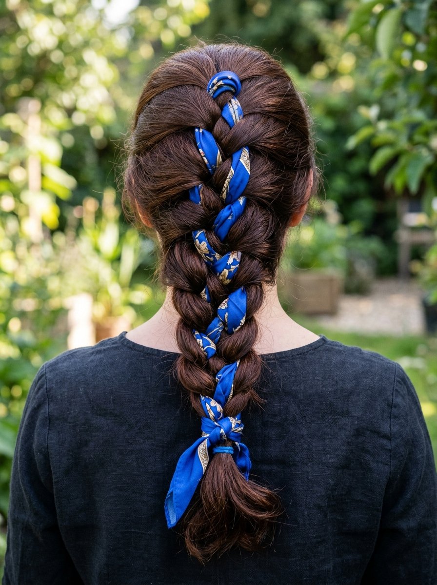 Back view of a brunette woman with a thick braid featuring a blue floral silk ribbon tied in her hair outdoors.