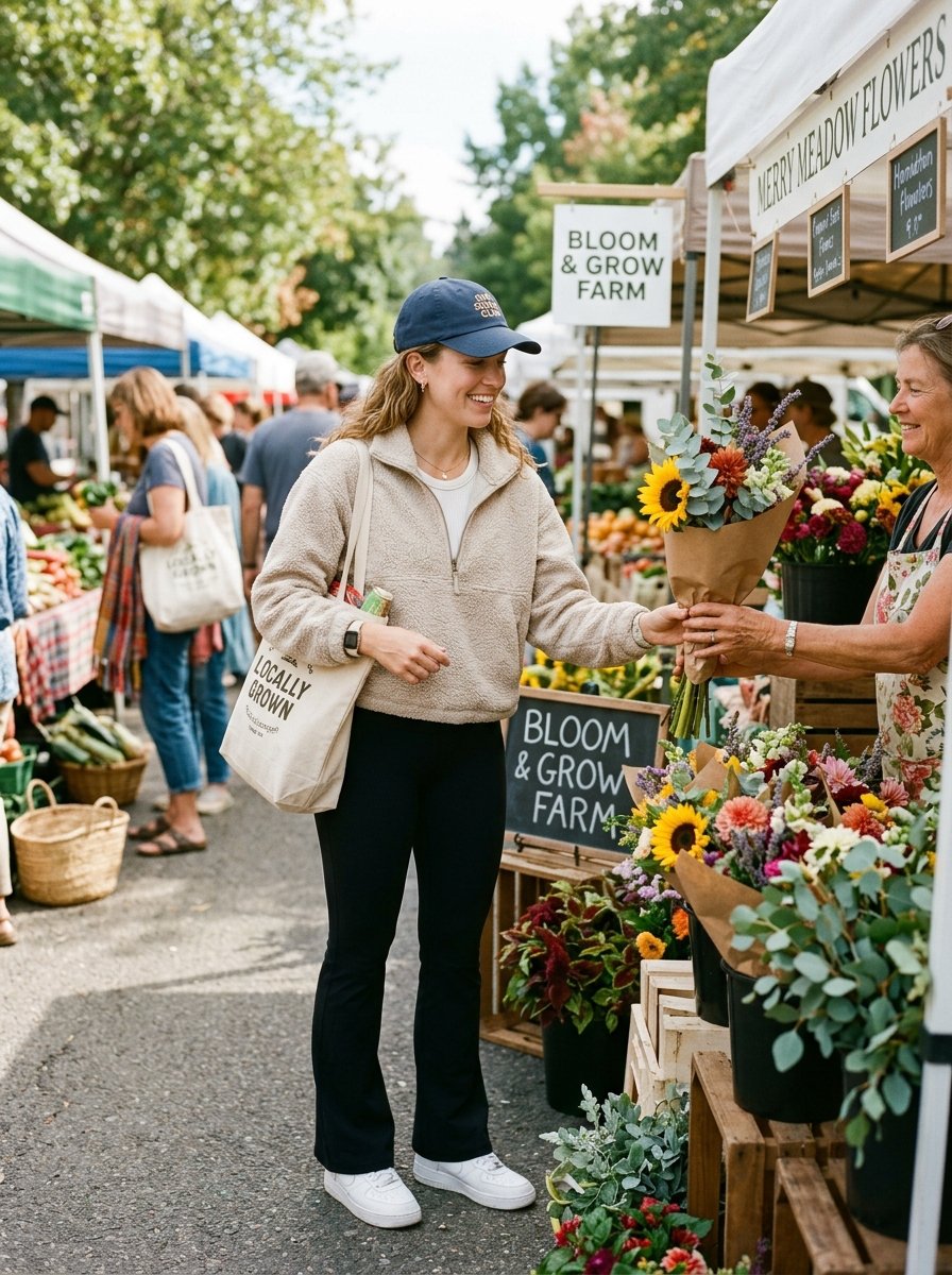 A shopper in a fleece pullover receives a sunflower bouquet from a flower stand vendor at a local farm market.
