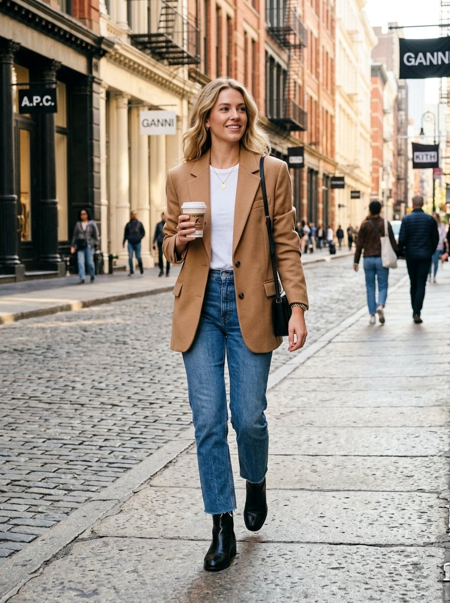 Blonde woman wearing a camel blazer and jeans holding a coffee cup on a city street.