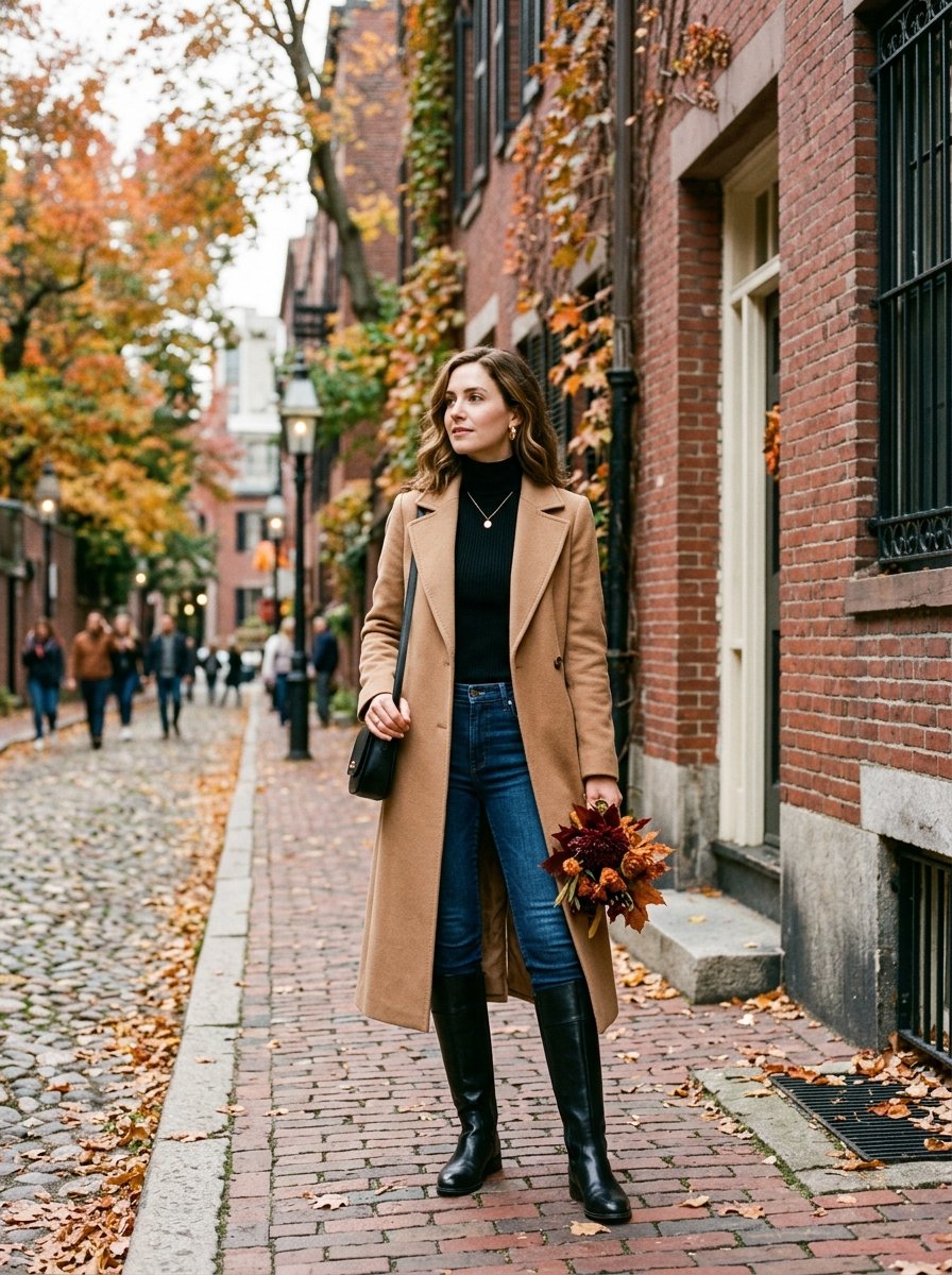 Woman in a long tan coat, black sweater, and boots holding flowers on a city street in autumn.