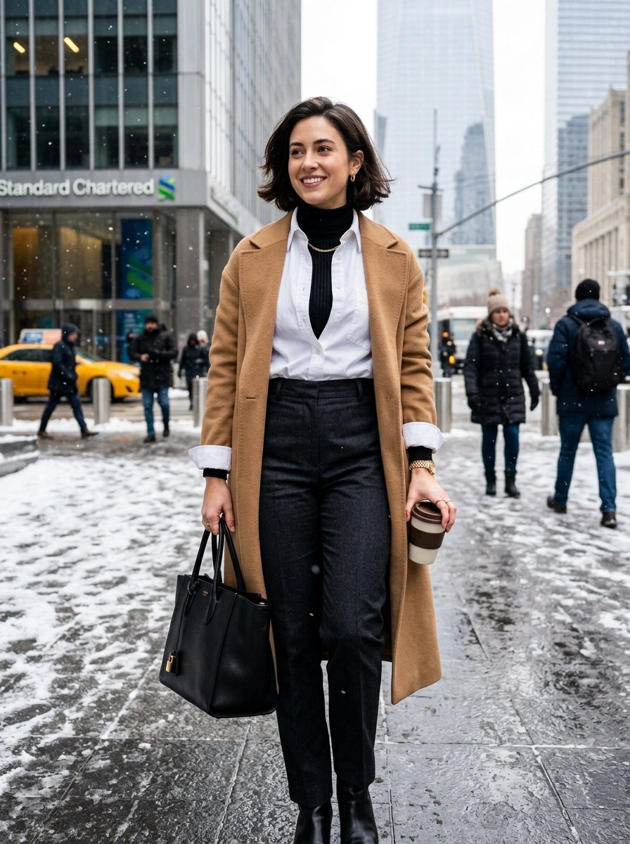 Smiling professional woman with a handbag and coffee cup walking on a snow-covered New York City street.