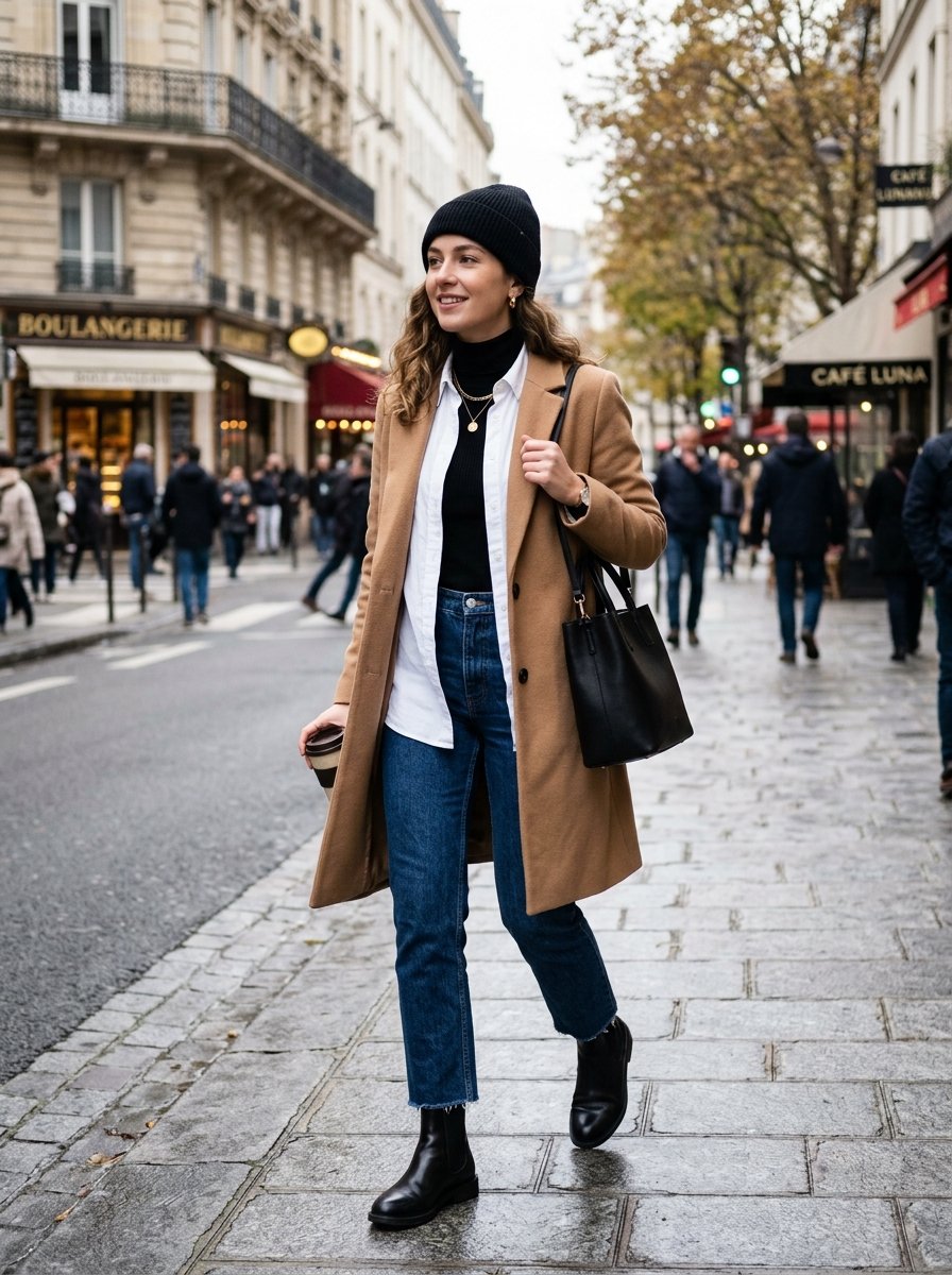 A woman with a black beanie and camel coat walking on a stone sidewalk in Paris holding a coffee cup.